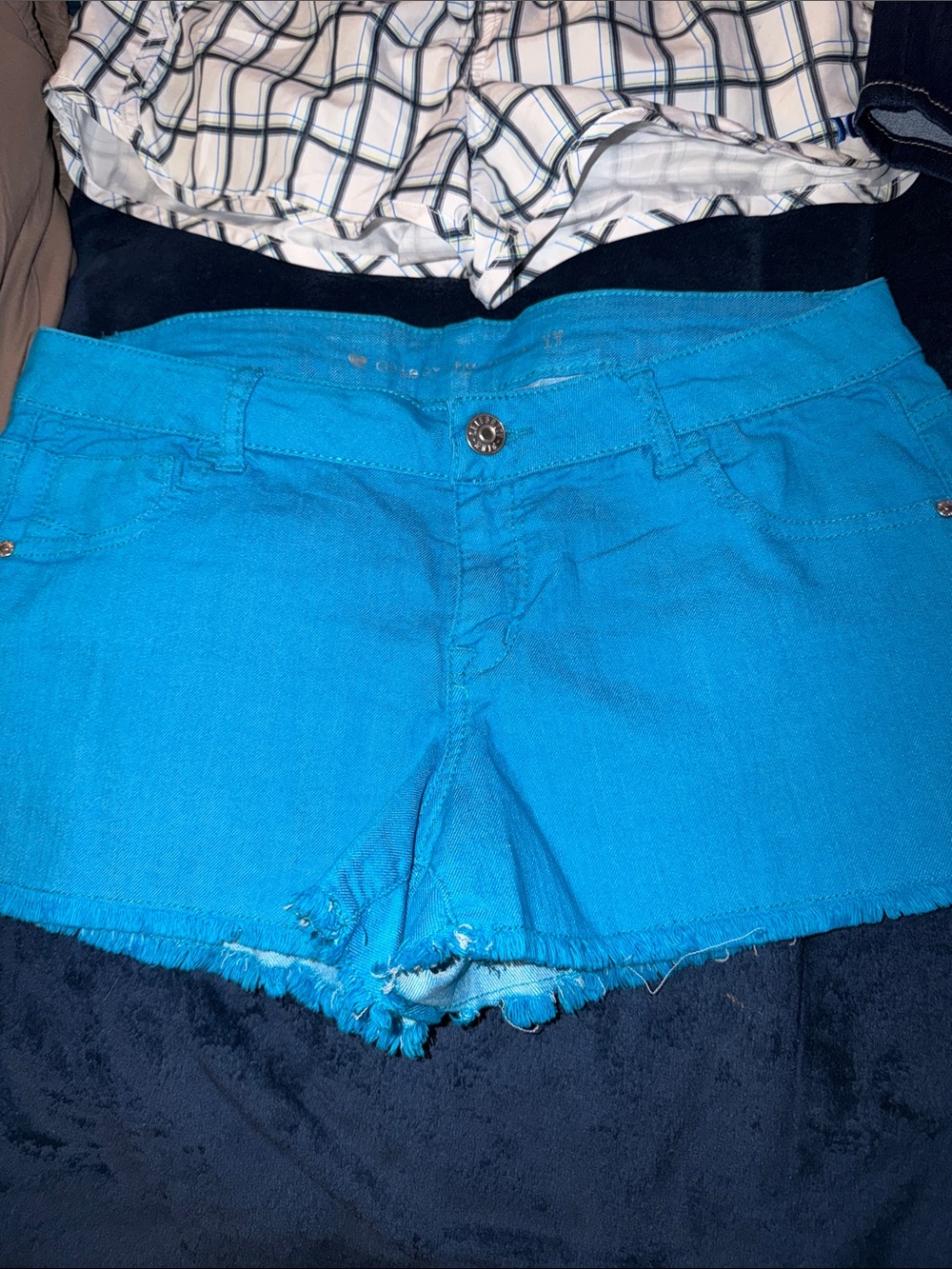 Celebrity Pink Bright Turquoise Frayed Hem Jean Shorts